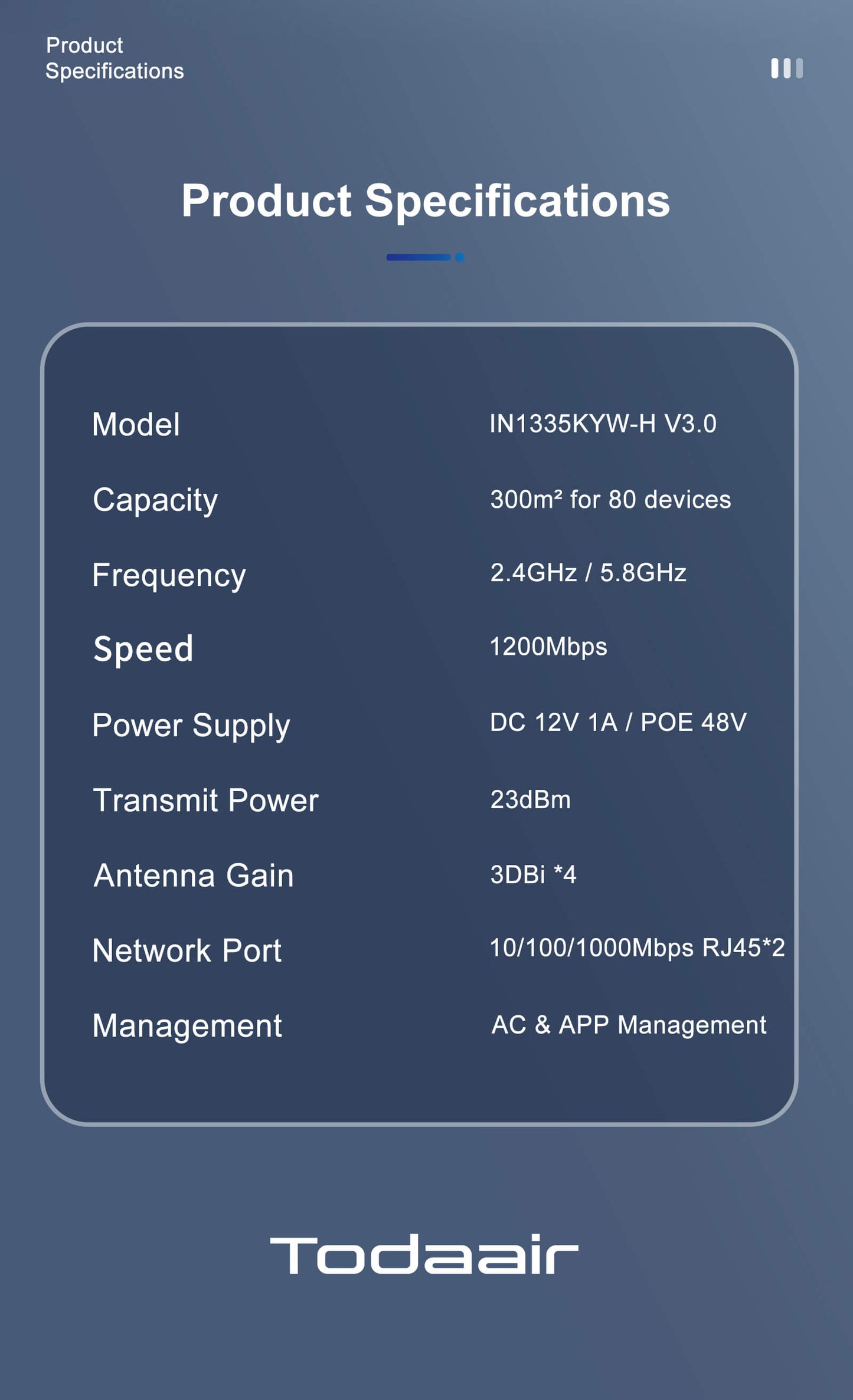 todaair product specification