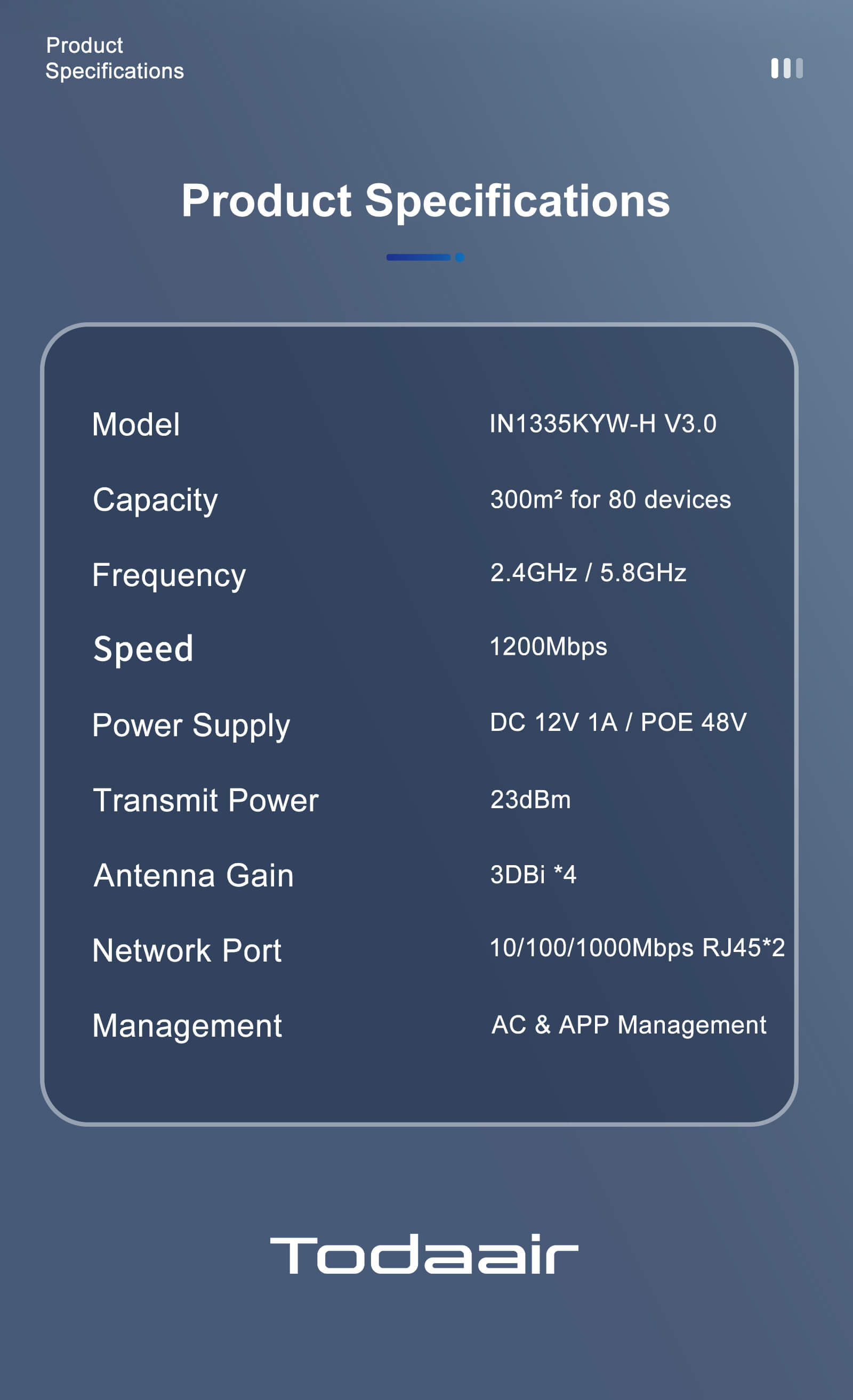 todaair product specification