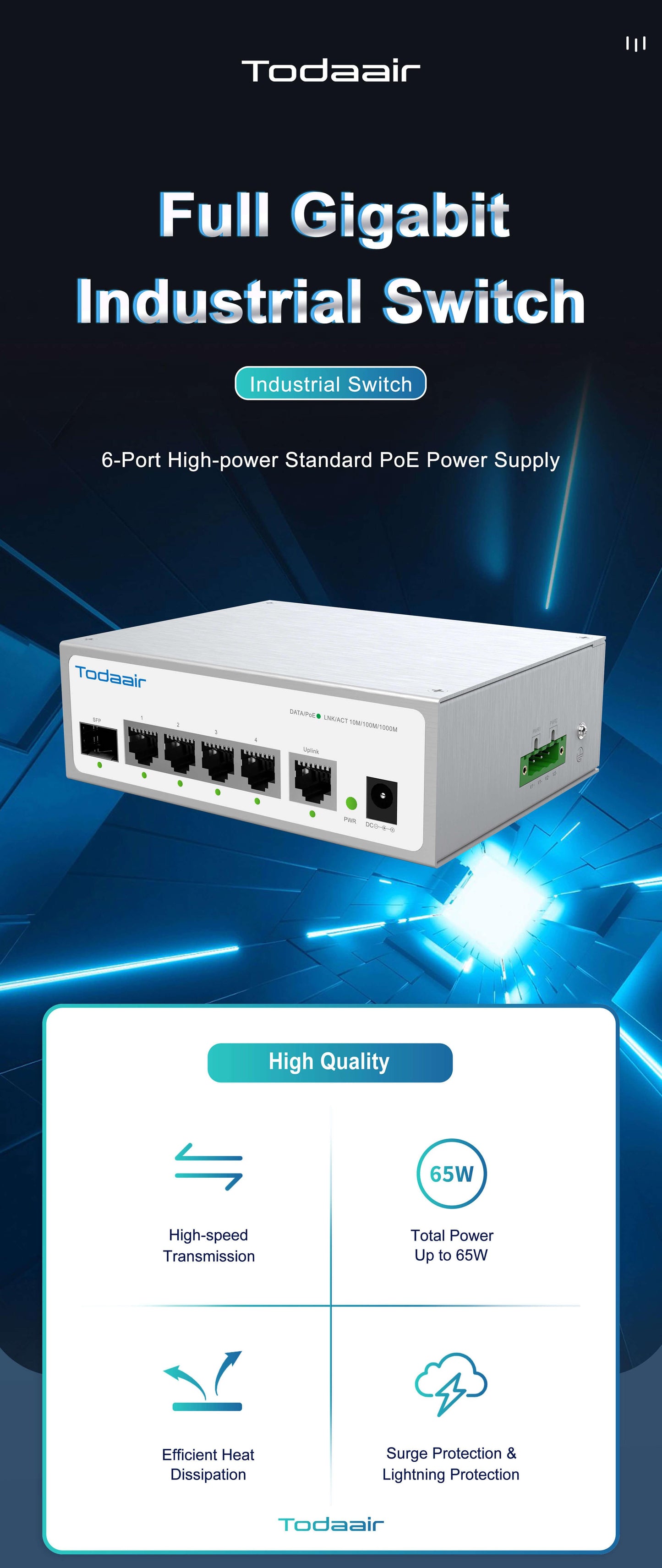 hot sale unmanaged indoor easy use 4 ports full gigabit and 1 port SFP industrial poe network switch for access point ap - Todaair