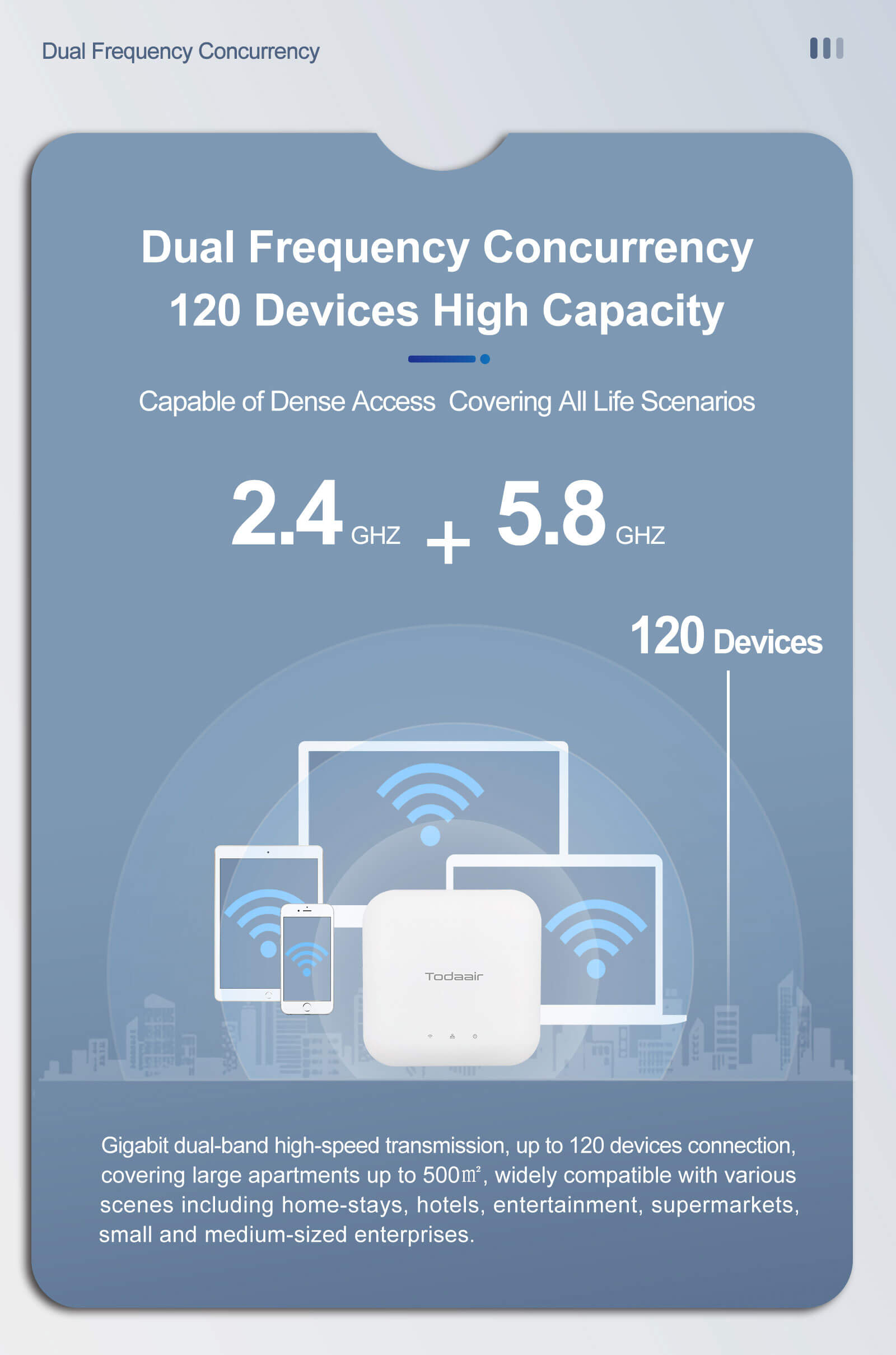 dual frequency，support 120 devices ，high capacity